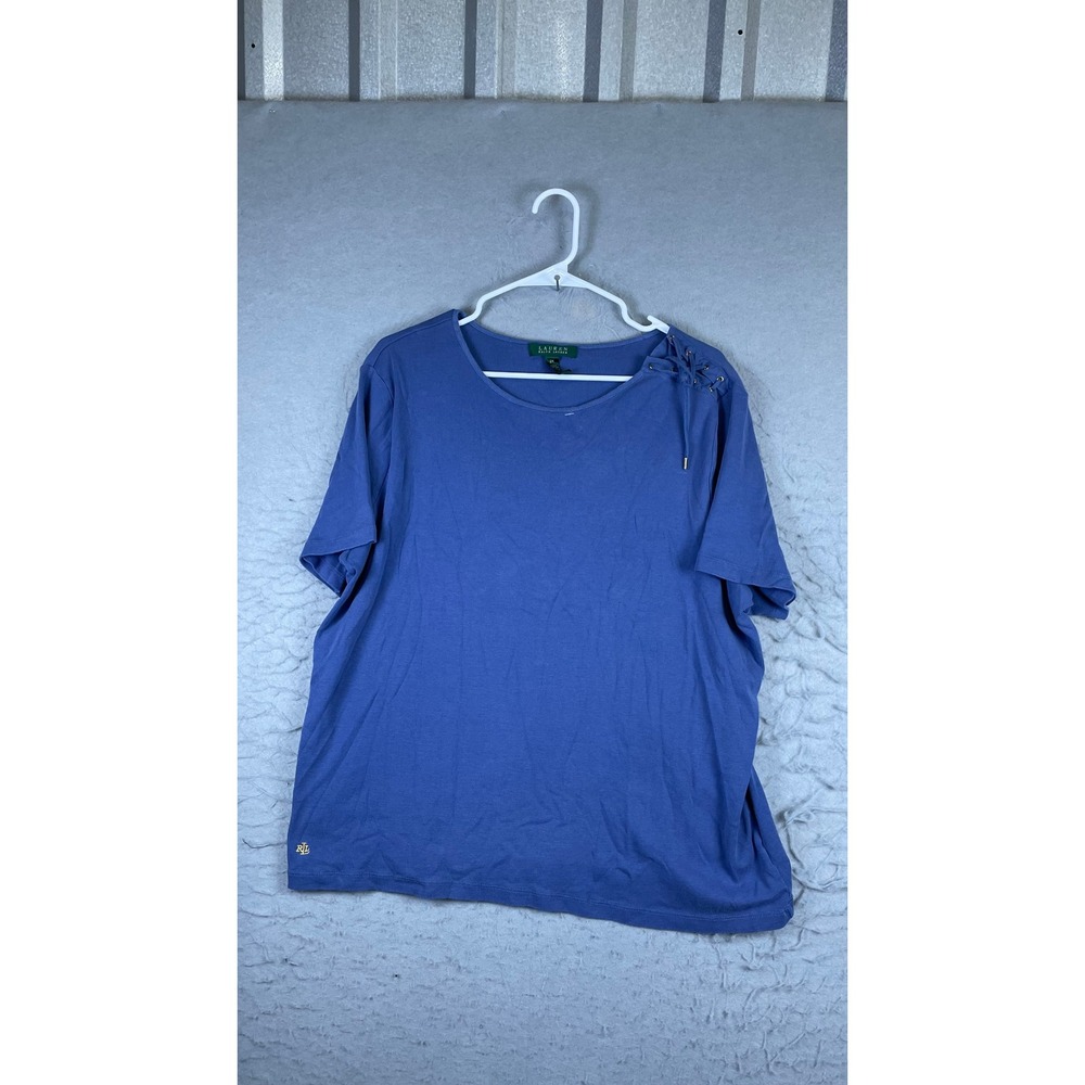 Lauren Ralph Lauren T-Shirt Mens 2X Blue Excellent Lace Up Shoulder Cotton Logo